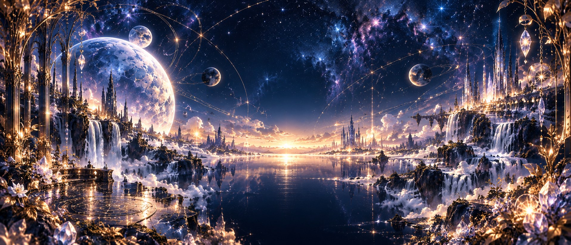 月と星々、光の都市が広がる幻想的な星空風景